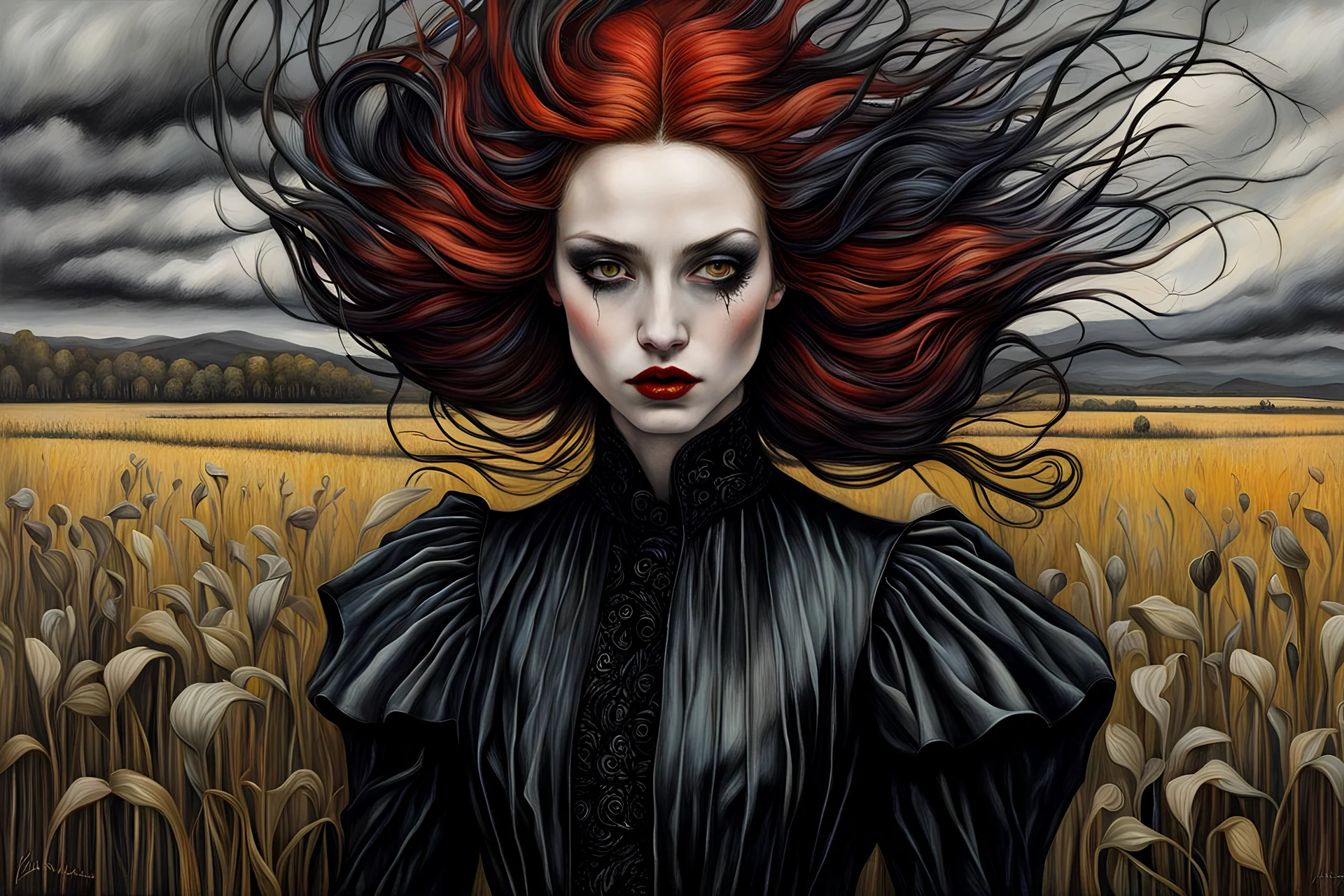 Andrea Kowch , surrealistic Vogue style, ink oil fashion illustration, (full body, close up, shot:1.6), avant garde haute couture, vampire girl with highly defined hair and facial features, black mascara, broad brushstrokes, energetic, highly detailed, boldly inked, vivid chromatic color, ethereal, otherworldly