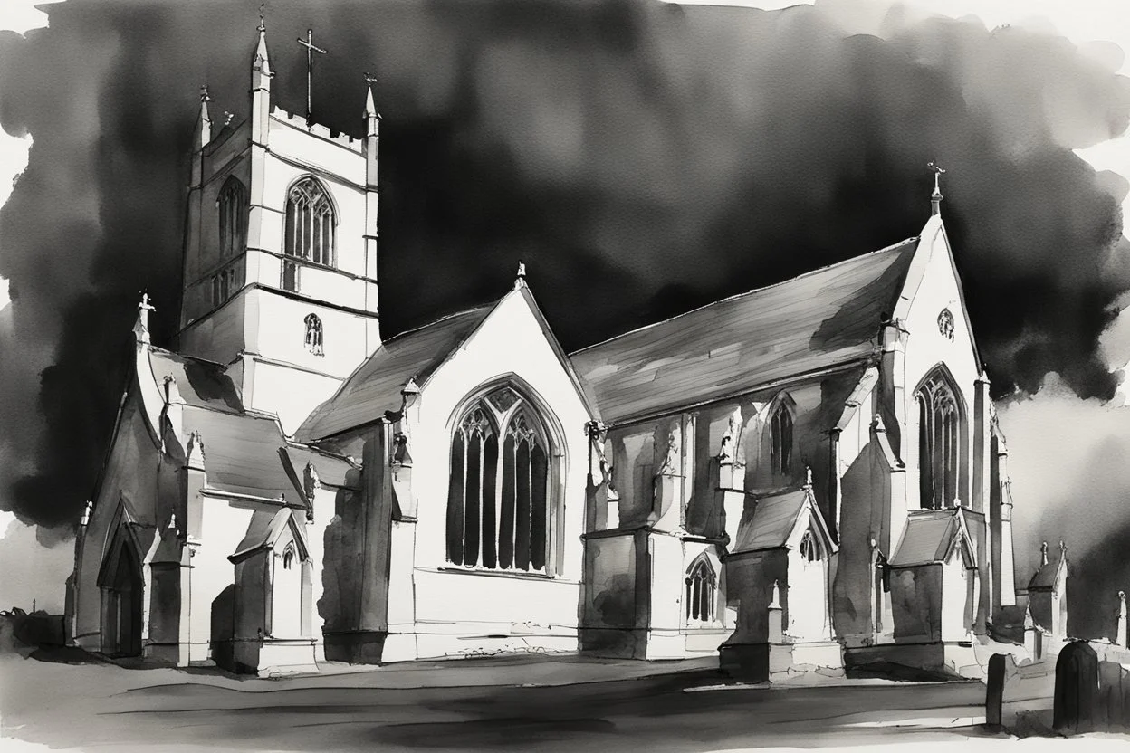 an English church in black and white wet watercolour