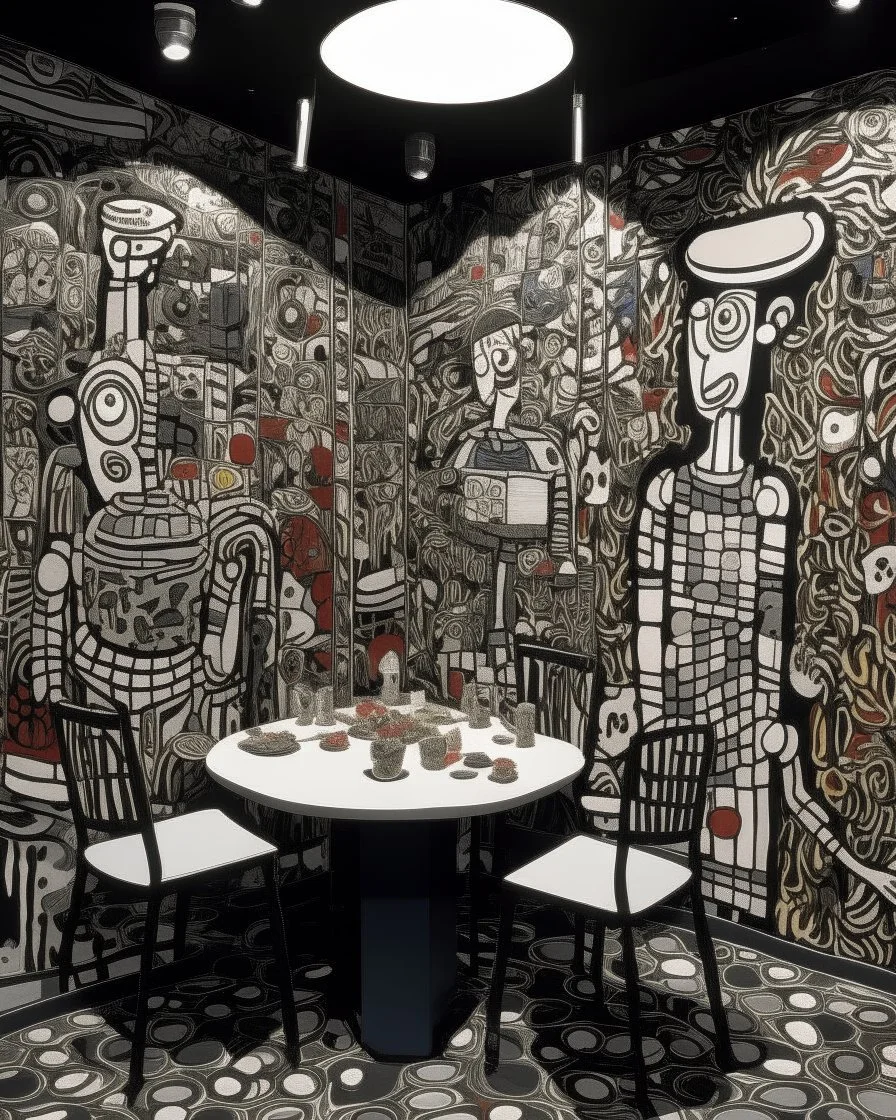A dark warm gray pixelated pasta restaurant painted by Jean Dubuffet