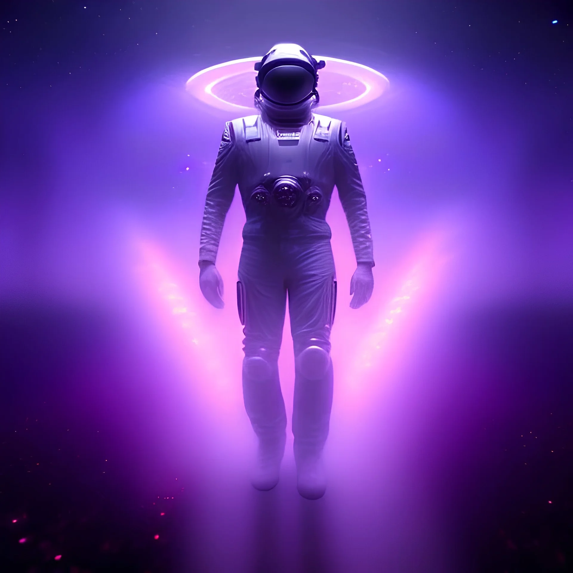 man in chapel floating up into the galaxy, purple lights, purple fog, detailed, realistic, 4k, hi def