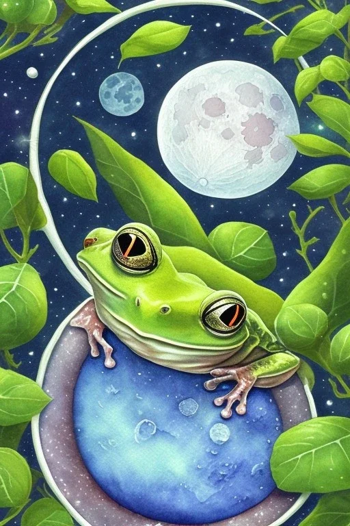 Cute frog sleeping in a bed, moon above him. Children's books. Watercolour