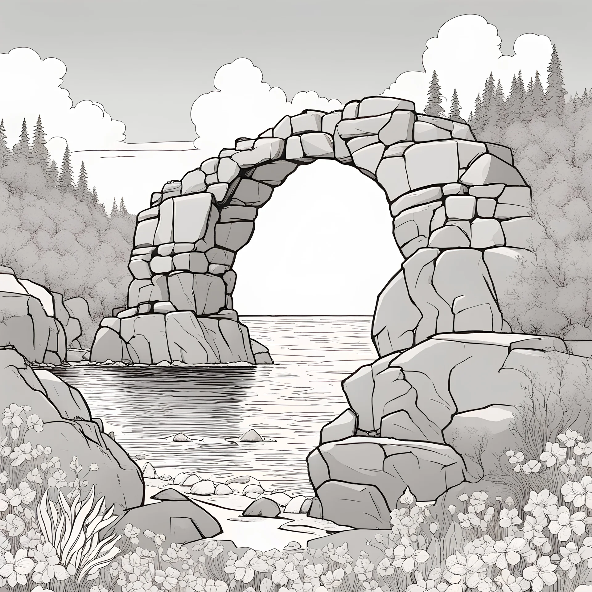 coloring page of A rocky arch rising from the sea along a coastal landscape ,line art landscape,stone,cute flowers,cute trees, much details, dark outlines,vector --ar 2:3