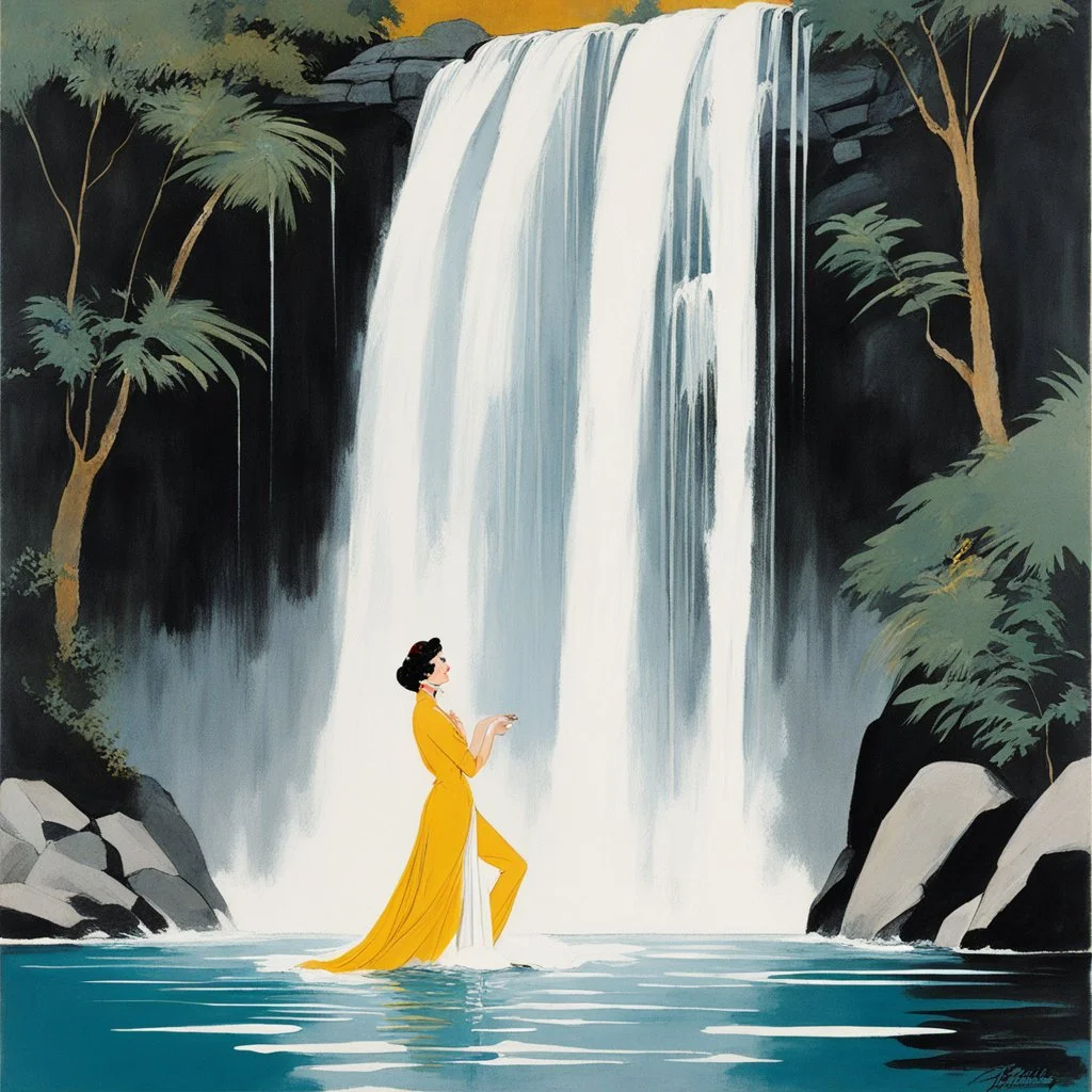 [art by René Gruau] posing beneath the waterfall