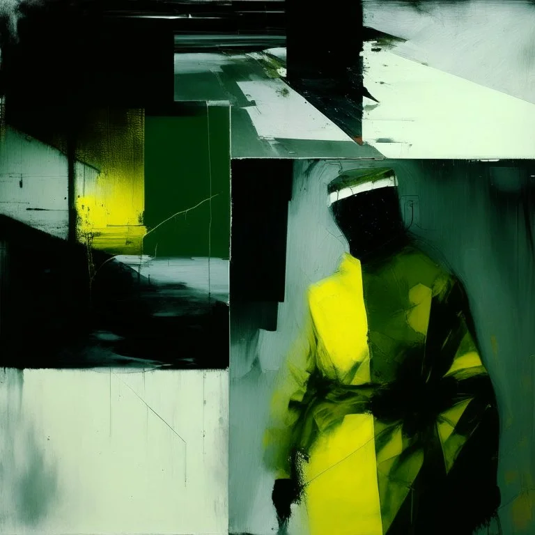 Minimal contemporary abstract oil paintings close up person wearing hazmat suit limbs sinew and concrete fragments illuminated at night style of Justin Mortimer And Francis bacon And ashley wood