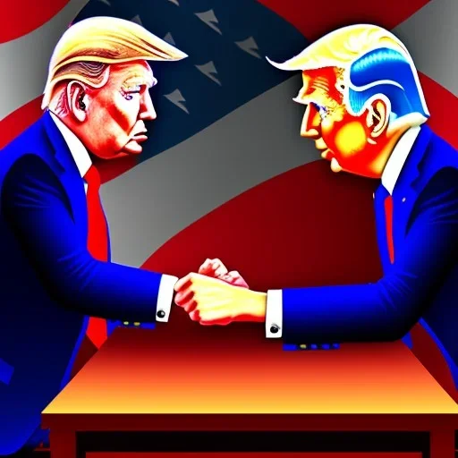 Trump versus Biden Arm wrestling, bent elbows, referee