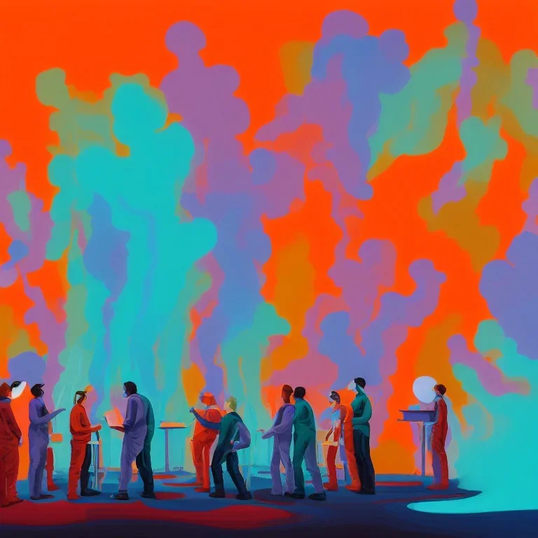 group of scientists is in the laboratory. invent new colors. smoke rises from multi-colored glassware. they are wearing overalls. color swatches in the background. hyperdetailed, orange and teal, warm colors, detailed painting, digital illustration, oil on canvas, light dust, futuristic. volumetric lighting