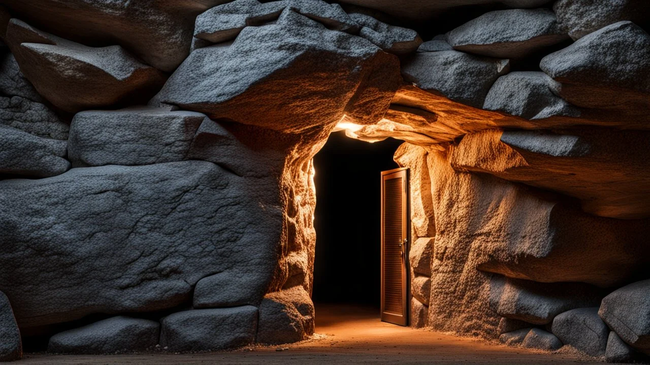 huge illuminated doorway in a rock wall in the side of the mountain