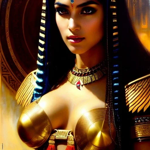 portrait beautiful face Cleopatra ,busty,ancient metal armor balanciaga fashion clothe painting by gaston bussiere, greg rutkowski, yoji shinkawa, yoshitaka amano, tsutomu nihei, donato giancola, tim hildebrandt, oil on canvas, cinematic composition, extreme detail,fit full head inside picture