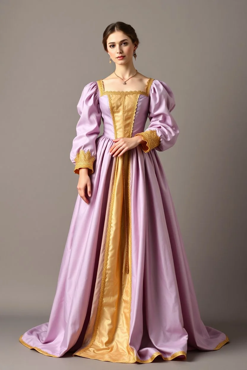 На ней было платье итальянского ренессанса сиреневого и золотистого цвета. в полный рост