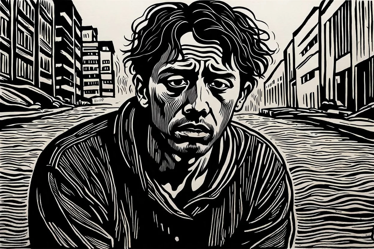 create an abstract, deeply powerful tragic, heart wrenching, and evocative, full body woodcut of an anguished and grief stricken young refugee man with highly detailed and deeply cut facial features, lost in a horrific post apocalyptic Gaza, in the style of KATHE KOLLWITZ and PAUL GAUGUIN, searing lines and forceful strokes, semi photo realism