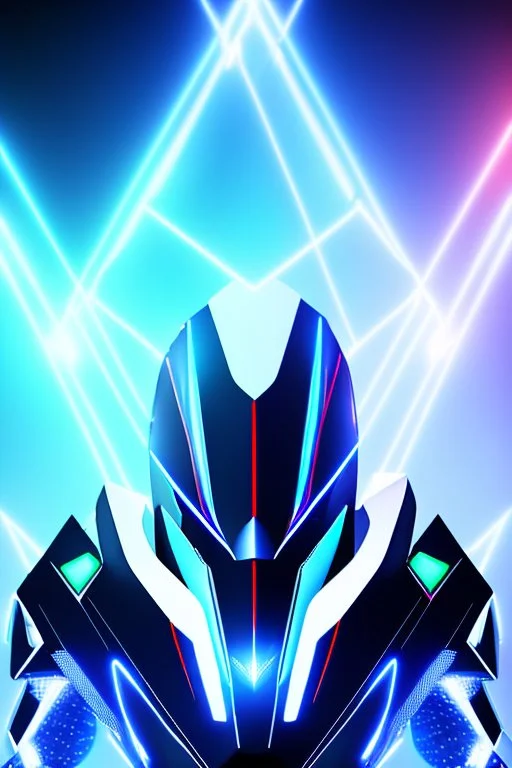 neon blue, flying parts of armor in form of triangles, cyber armor, geometric patterns on armor, male, orbiting triangle