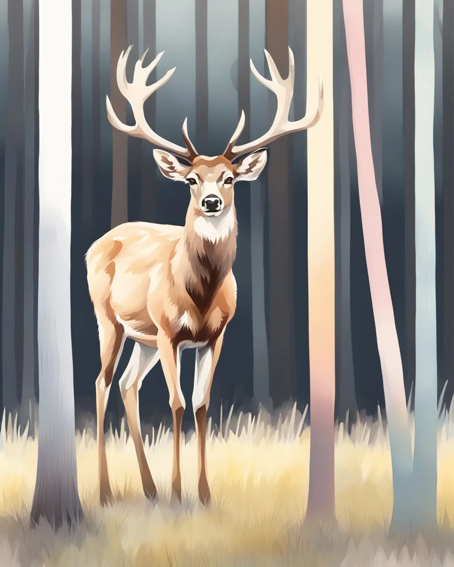 deer with antlers standing sideways, looking at viewer, realistic water color painted, among light colored tall simplified tree trunks, foggy, Easter Spring pastel colors, colorful, dark background