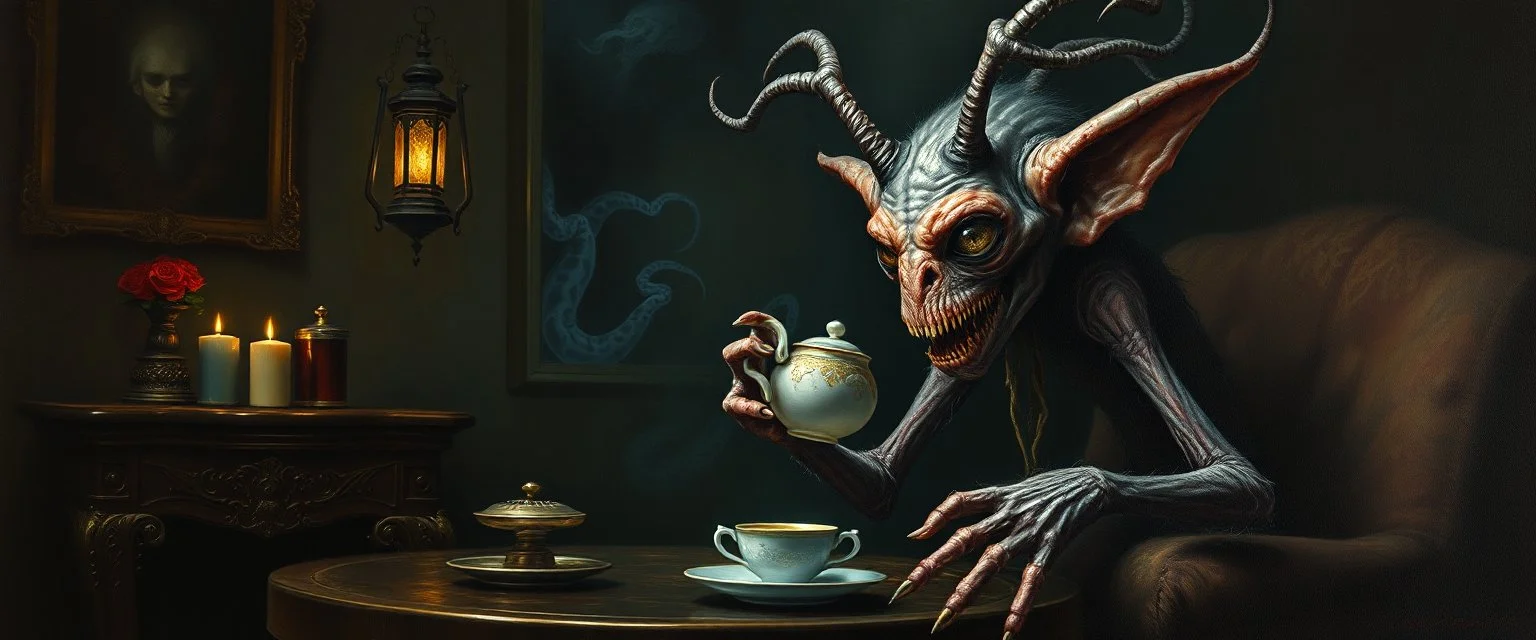 master oil painting by Rembrandt, good afternoon gremlin hairy wraith luxury blessed Fathomlurker drinking tea in parlor "An abyssal creature with translucent skin revealing writhing organs, many spindly legs and elongated fingers, eyes like lanterns scattered across its body, tentacles that ripple silently, lurking in black depths, almost invisible, emitting an eerie blue glow."