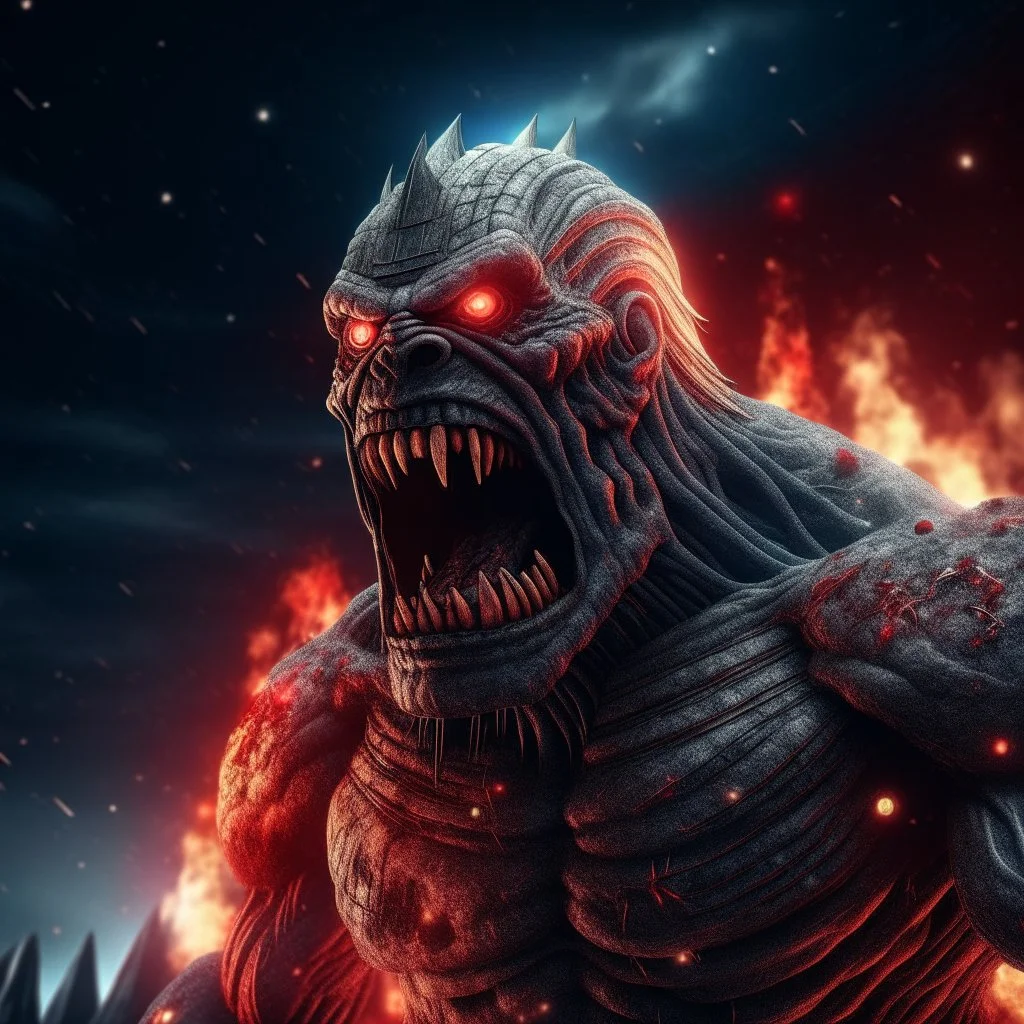 A colossal grey aztec titan towering amidst the stars, the angry titan screaming of anger and has red glowing eyes, galactic background, digital painting, sharp focus, high contrast, bright vibrant colors, cinematic masterpiece, shallow depth of field, bokeh, sparks, glitter, 16k resolution, photorealistic, intricate details, dramatic natural ligh