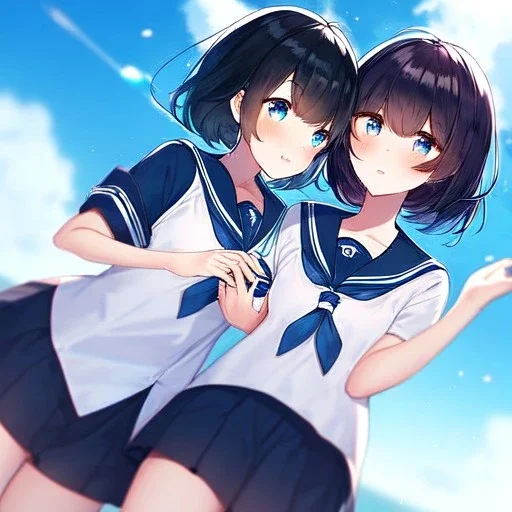 Clear focus,High resolution, Black short fluffy hair, and blue eyes, wearing a sailor uniform, must wear a short skirt, Blushing, Holding another girls hand, flying