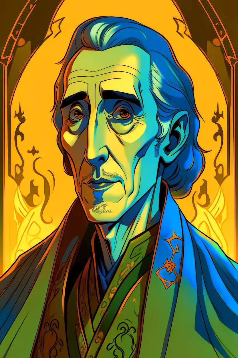 A portrait of Christopher Lee in his early forties as an elf mage, dressed in expensive medieval shirt, in the style of Genndy Tartakovsky