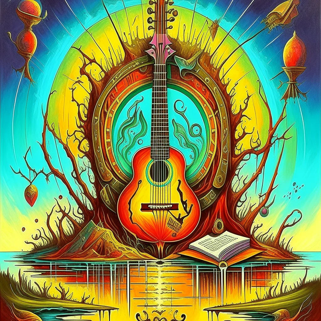 magical portal coming from a guitar, musical world of artistic anthropomorphic music notes and scales, neo surrealism, by Gerald Scarfe, by Shaun Tan, fantastical splash art, alcohol oil painting, glowing colors, whimsical.