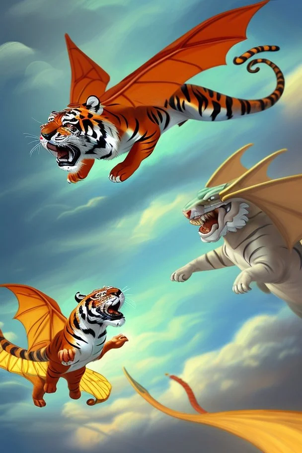 A flying tiger with wings is fighting with a dragon.