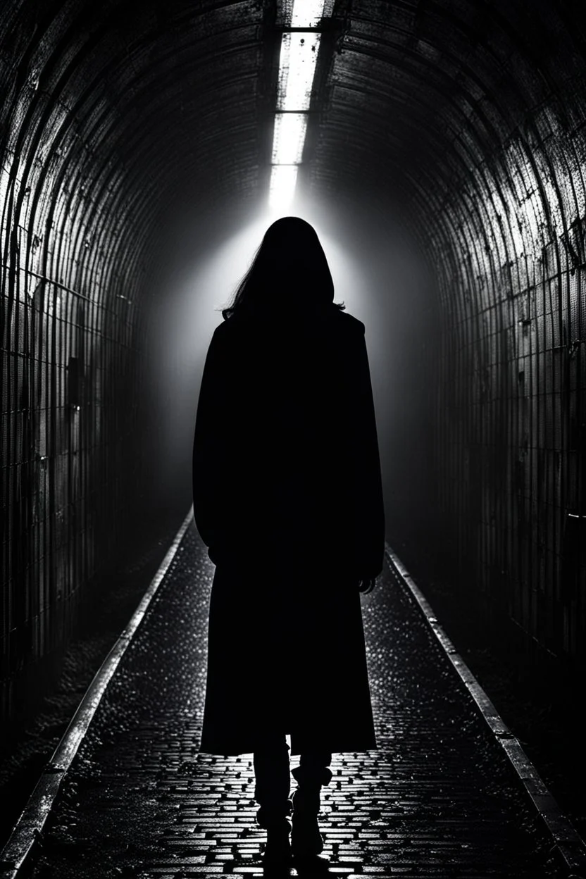 a woman silhouette in metro tunnel, dark shadows the walls, the heart ached with fear and sadness, for knows what the end, sinister, etheral, fog, dark mistic mood