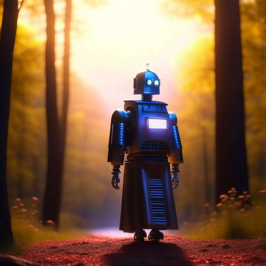 clairvoyant robot in robes, on a mission through the seasons, hills and trees, motion blur, 8k, downlight, soft light, depth of field, photorealism, trending on art station, lotsa detail