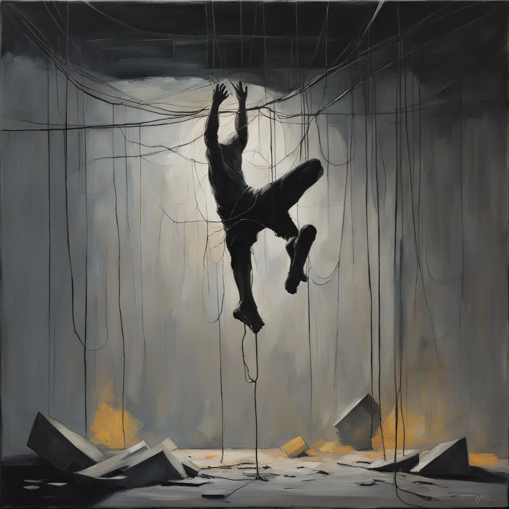 Minimal abstract oil painting of a falling person limbs sinew. Amongst concrete fragments brutalist architecture and hanging wires illuminated at night. In the style of Justin Mortimer and Phil Hale and Ashley Wood