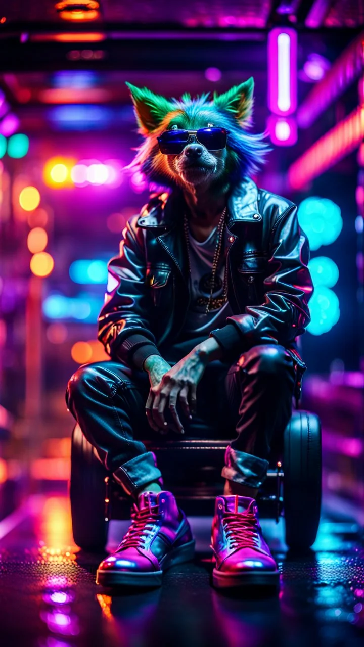 tap dancer, spot lights, jail break, portrait of slick lord water wolf Gremlin myth buster pimp ninja cyber punk sitting on a hipster car parked in dark neon lit reflective wet arcade hall tunnel,bokeh like f/0.8, tilt-shift lens 8k, high detail, smooth render, down-light, unreal engine, prize winning