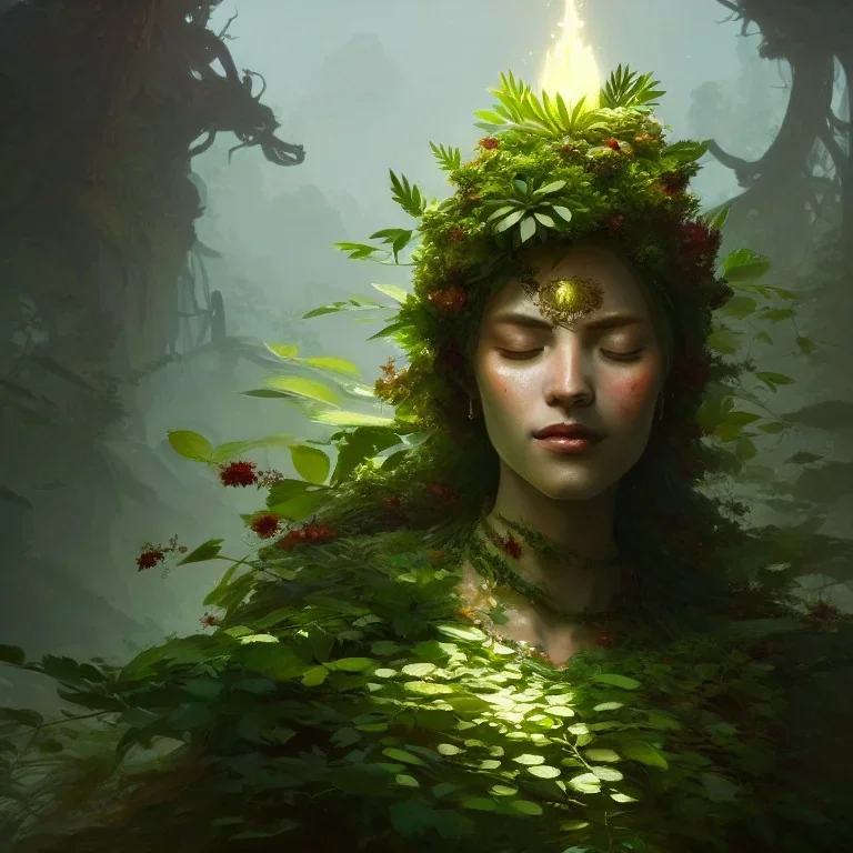 a beautiful portrait of a plant goddess with closed eyes by Greg Rutkowski and Raymond Swanland, Trending on Artstation, ultra realistic digital art