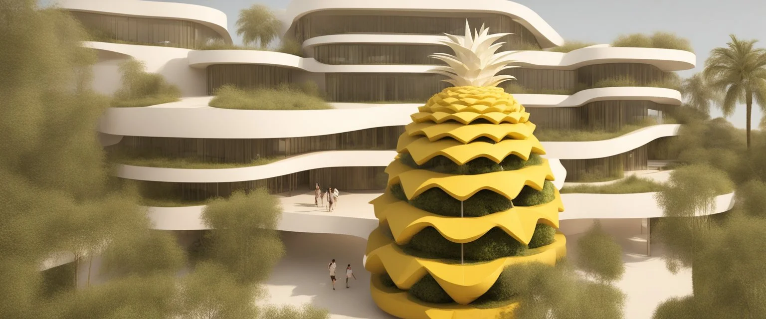 A tourist resort in the shape of a pineapple, interior design, facade