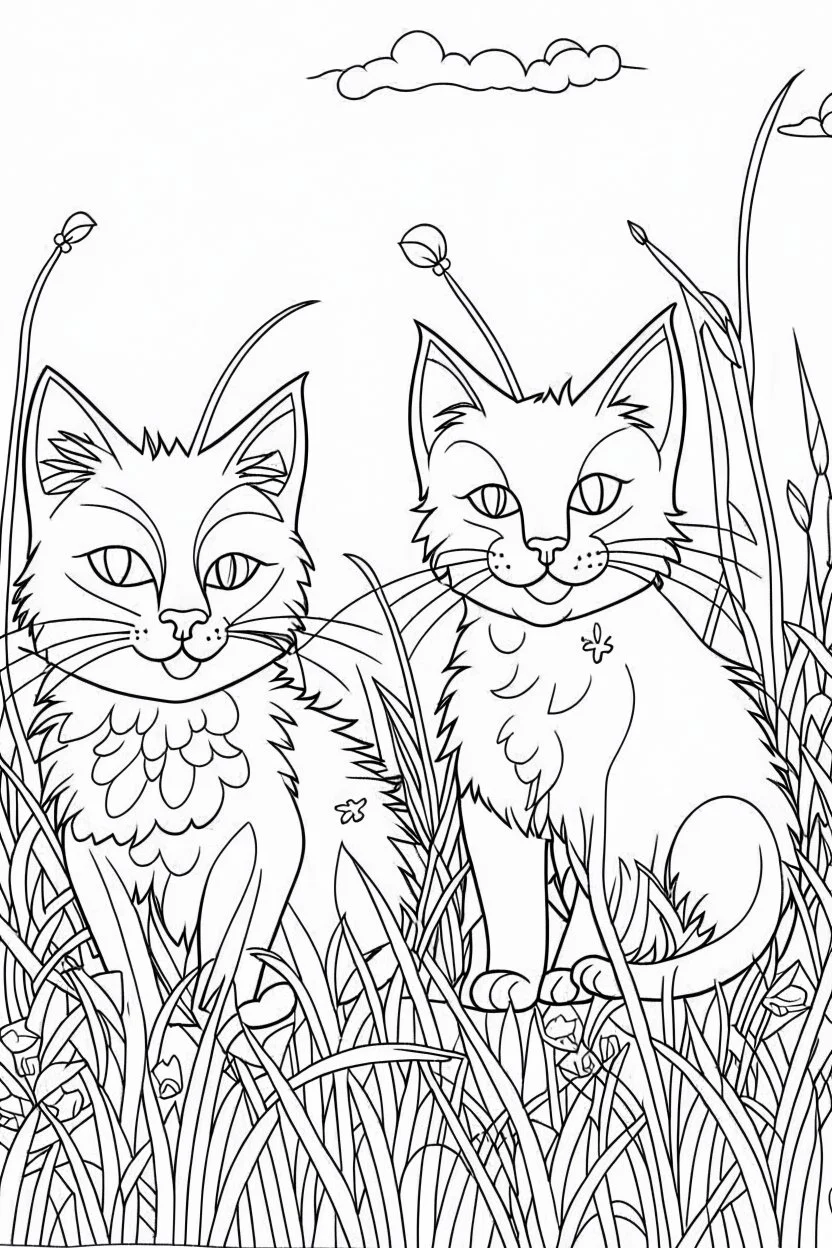 coloring page for kids, Cats in the grass, cartoon style, thick lines, low detail, no shading