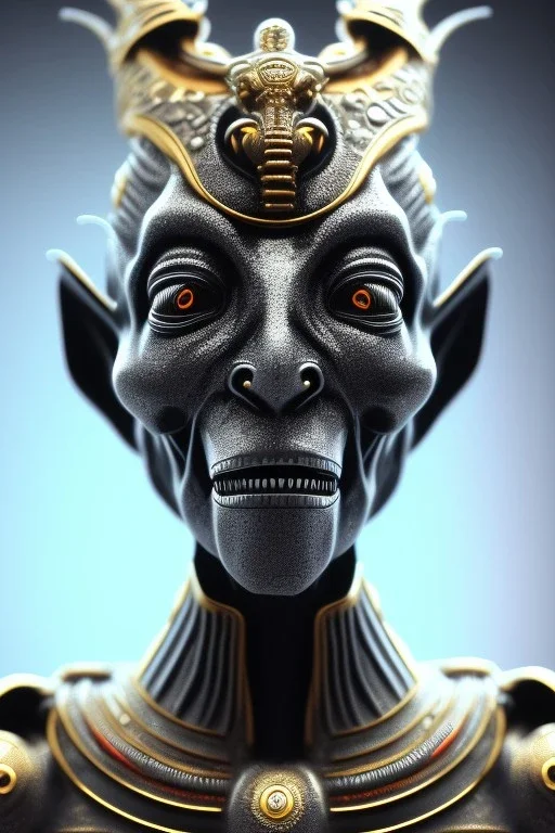 Silver alien, head, evil, black eyes, blood, 8k, finely detailed, photo realistic, Anunnaki black male African Egyptian alien, cracks in the voodoo head, wicked, eyes, crown, Elephant, 8k, finely detailed, photo realistic, tiger turquoise skull head gold dragon space alien snow skeleton gold olmec silver crown silver eyes