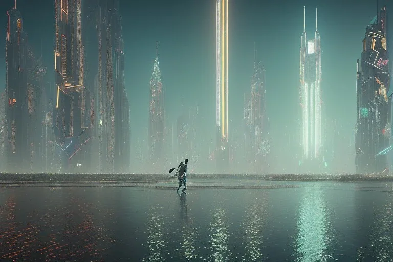 dubai at night, cyberpunk, tron, one cyborg walking, 8k, finely detailed, photo realistic