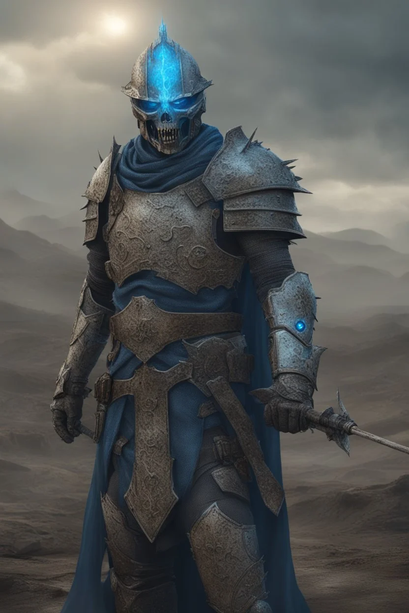 photorealistic Ancient undead psi-warrior knight commander wearing fullplate being surounded by blue aura wandering the wasteland