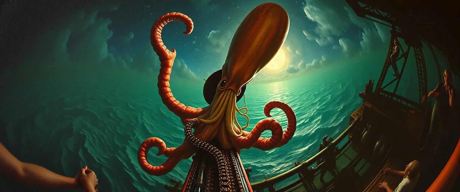 master oil painting by Rembrandt, roller coaster cowboy psycho squid breast feeding with some bad ass power off shore oil platform cyber punk people experiencing gravity at its worst, pin hole cam, twisted perspective, goa trance music poster