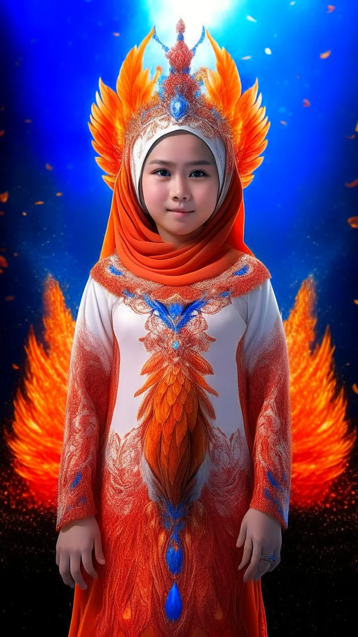 Full body wide-angle RAW photo, the fire princess wearing very luxurious and jewel-embellished clothes, fully covered, holding a fire shawl, opals and flower decorations, fractal wing texture, coming out of a burst of fire, winter scenery in the background, beautiful woman's face indonesia, high detail skin, phoenix, fire, 8k uhd, dslr, soft lighting, high quality, film grain