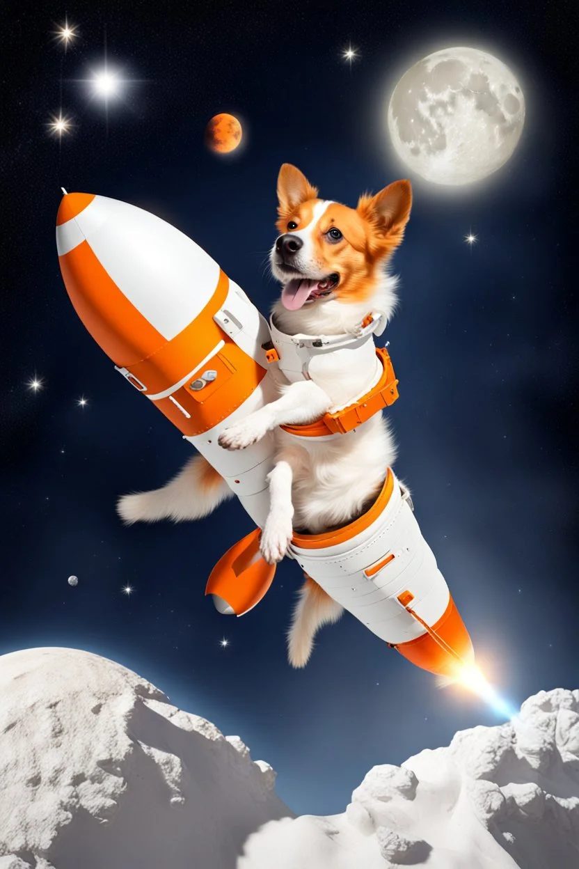 white and orange dog flies to the moon top of the a rocket