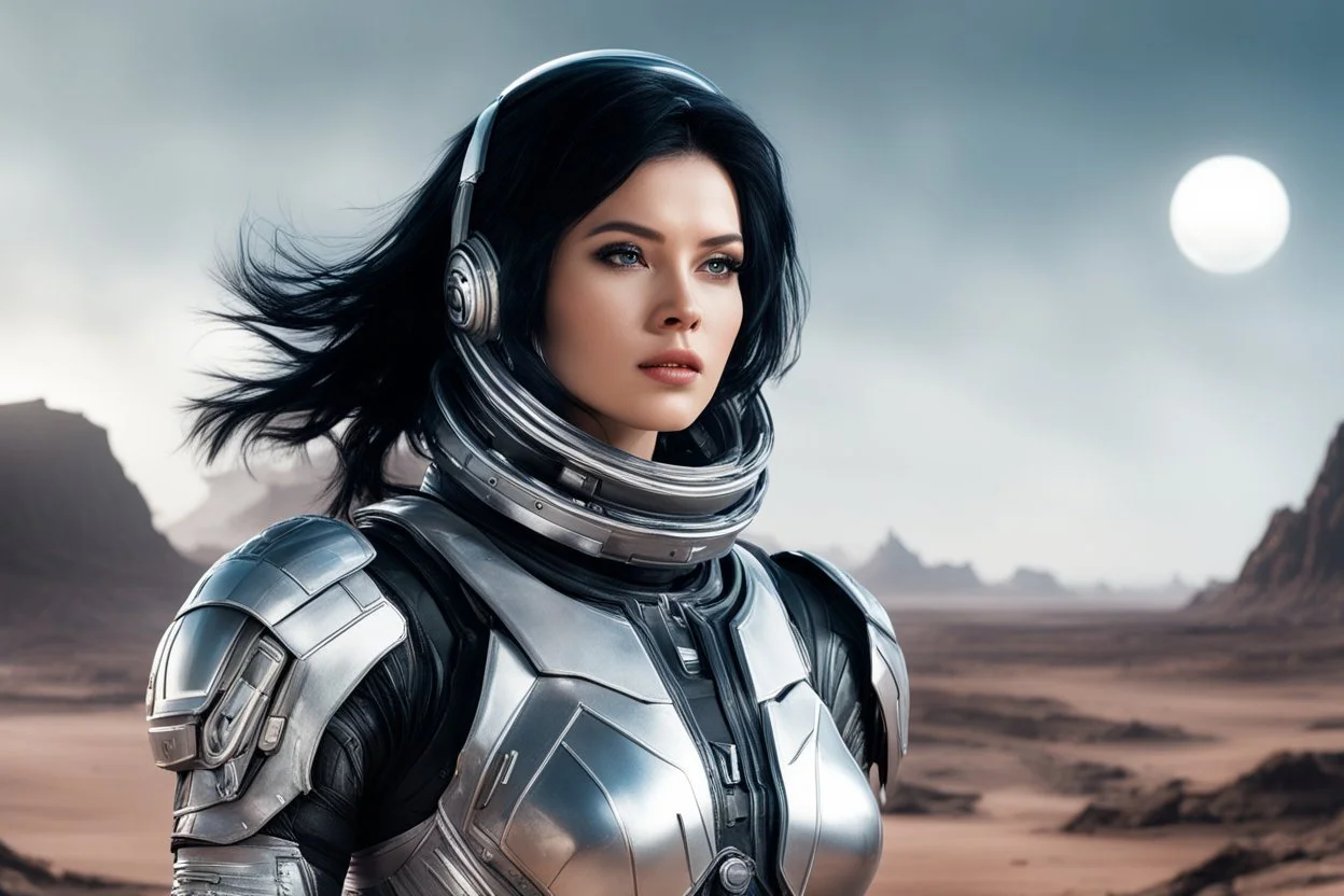 Photo of a Sci-fi woman, with black hair, wearing a silver and black spacesuit looking like an android, on an alien planet