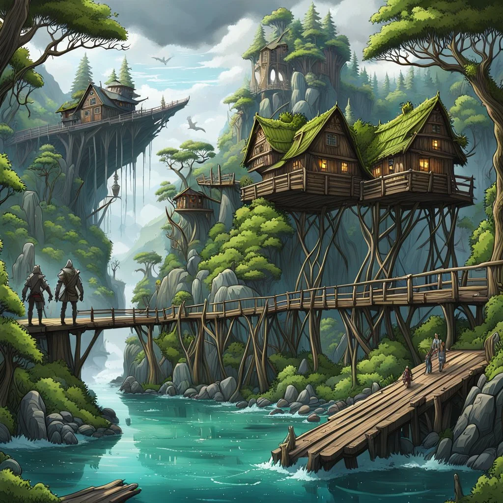 rany day, close ap a visible from the side one massive wooden bridge connects the over two gorge, between two tall rocky shores, sprawling, tall thick alien trees on both shores, log wooden houses in the distance in the background, rainy landscape, lush vegetation , massive trees, little wolf-man creatures work, and stand, high detailed, fantasy, high photorealistic, cinematic