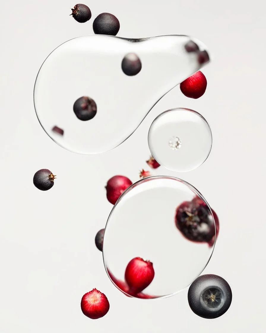 pomegranate seeds under water, prism and refraction, on a white background