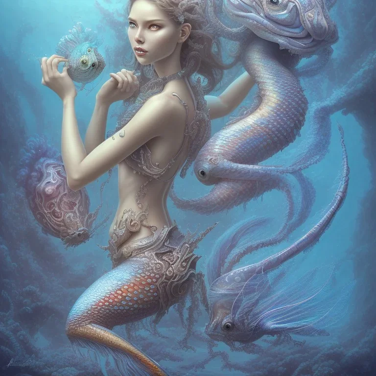 sango fantasy, fantasy magic, intricate, sharp focus, illustration, highly detailed, digital painting, concept art, matte, artgerm and paul lewin and kehinde wiley, masterpiece sexy lips African lady body mermaid lionfish head turquoise space lady beach sea under water mermaid seaweed