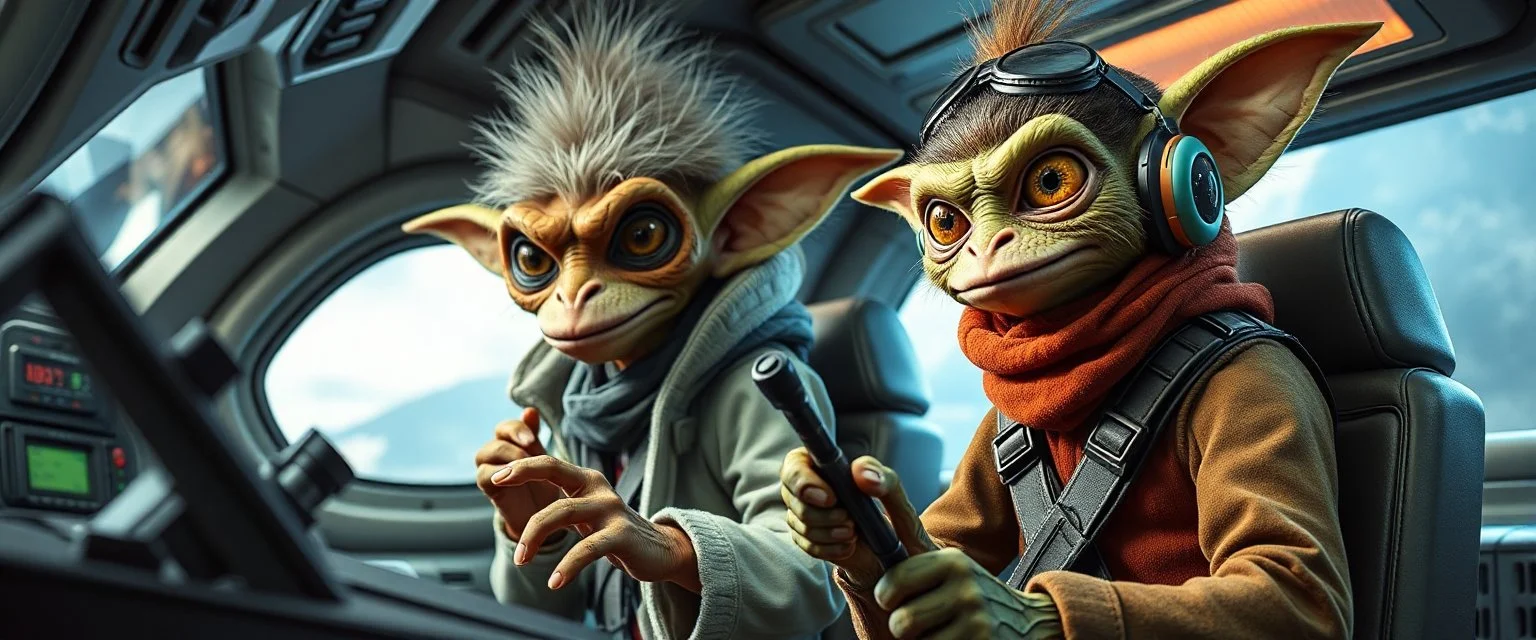 portrait of researcher slender alien rich troglodyte hill billy fluffy captain pilot focus controlling flight stick in deep action, gremlin cyber punk with two crew members, in sci fi air ship waiting hall, in future dynasty