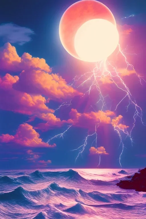 1980's vaporwave aesthetic palm trees with lightning with solar eclipse in the ocean waves sunset