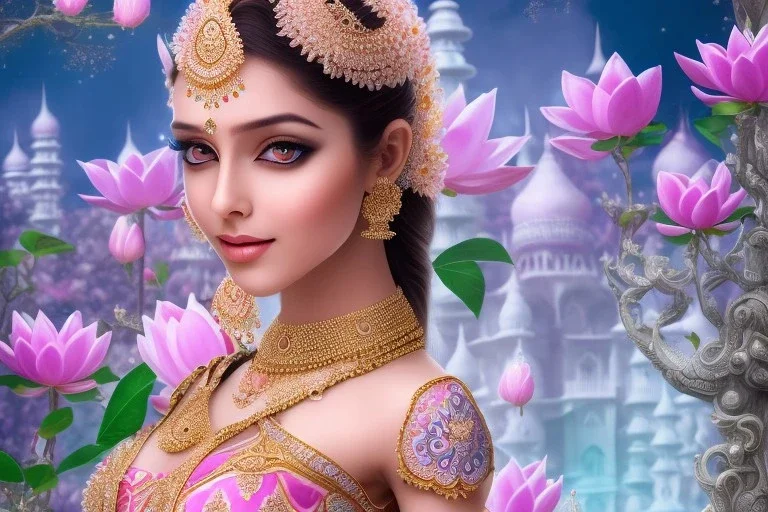 only one pretty indian girl just before a magical crystal flower lotus magnolia lys bougainvillier, blue gold house indian palace castle in the woods, magnolias pink,blue lake,sun,white swanns,pink vertical, blue lake,sharp, vines, candlelit, endor, ornate, elegant, highly detailed, artstation, concept art, smooth, sharp focus, illustration, 8k, splash art, wallpaper, key visual