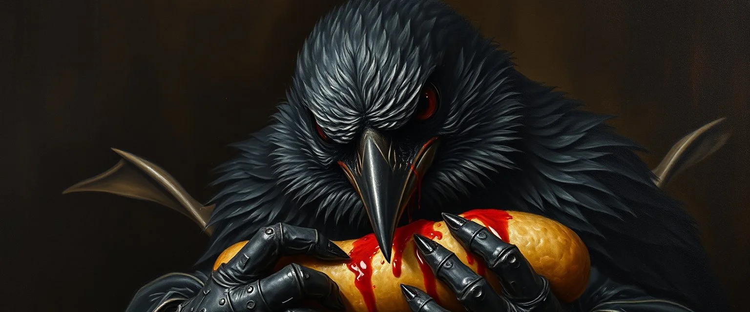 master oil painting by Rembrandt, good afternoon bitch scary blood sparrow, the most dreaded sparrow, close up, in dark blood bath, blood dripping, evil big eyes, scary clothes, like a count, he is eating a hot dog with a bunch on dark knights