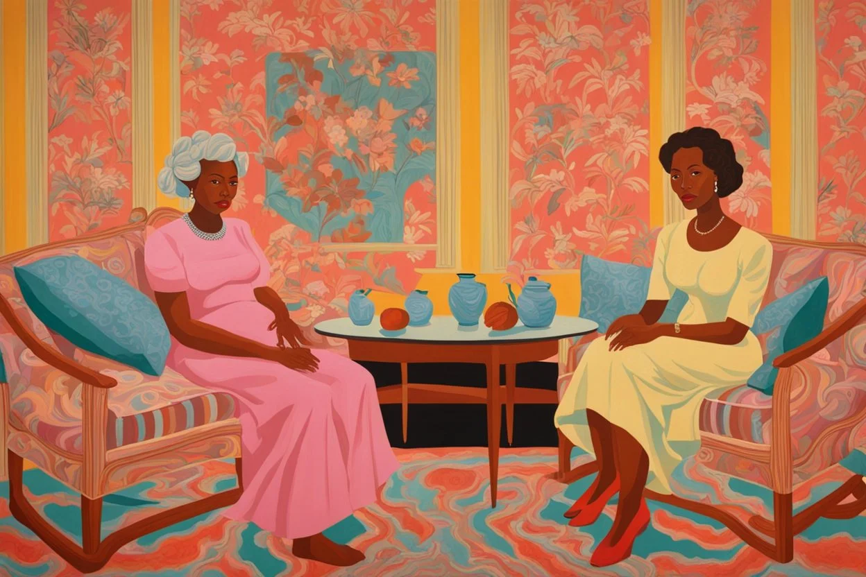 A painting of two women in a living room with vivid wallpaper by artist "Lois Mailou Jones"