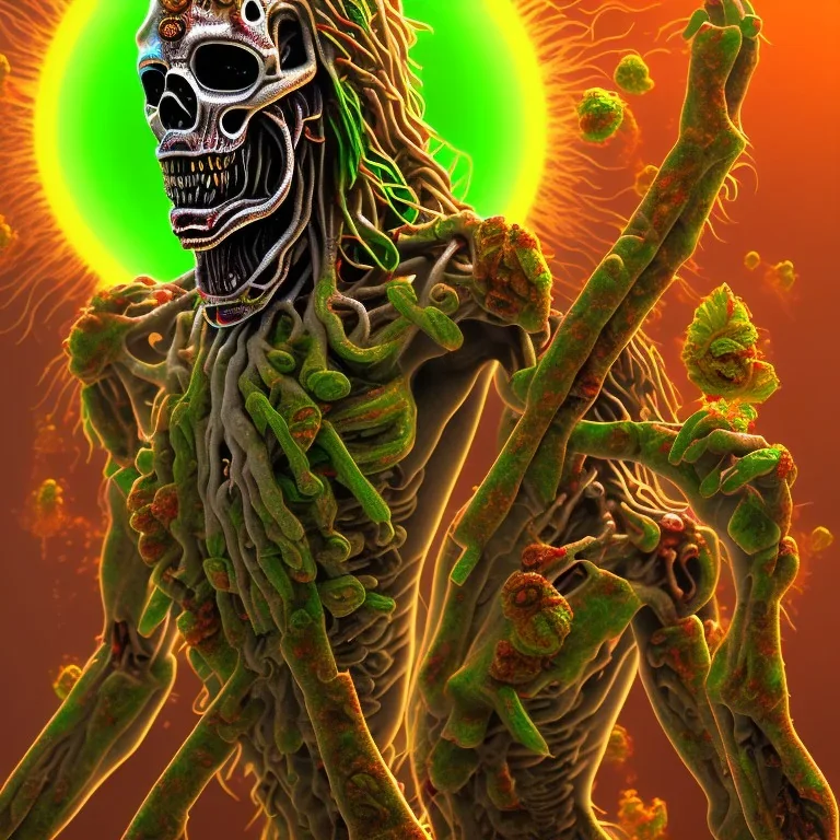 Corps entier Zombie rastafary iron maiden feuille cannabis, yeux rouges, bandeau couleur rasta,4k, couleur chaudes, plage et explosion nucléaire en fond image