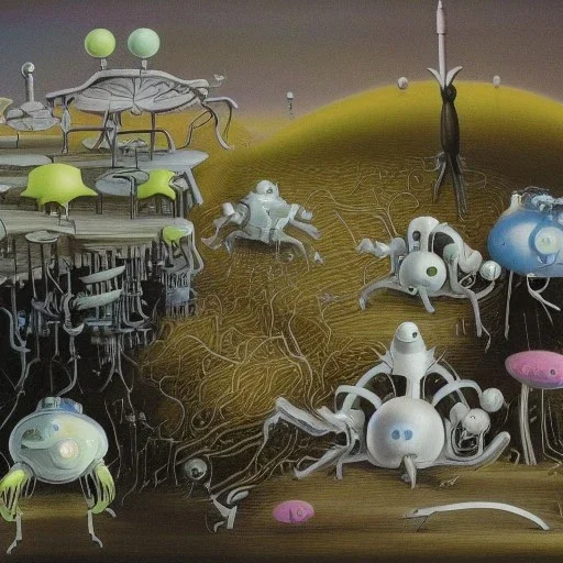 tardigrade reparing a planktonik nanomachine in a landscape designed by yves tanguy