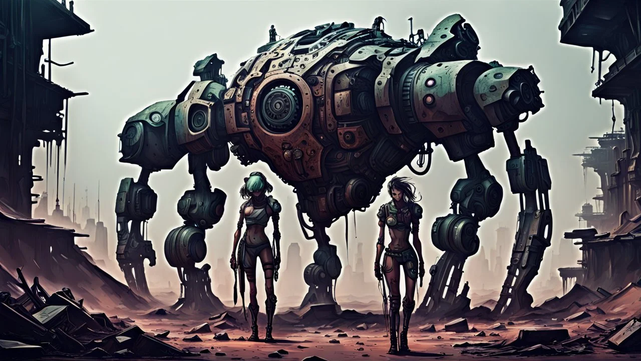 Chronomorph CybPost-Apocalyptic Tribal Wasteland , neo cyberpunk people, deep complementer colors, , The atmosphere dystopian, mecha, ruins, sharp focus, intricate details, weird, cinematic, crepy stunning