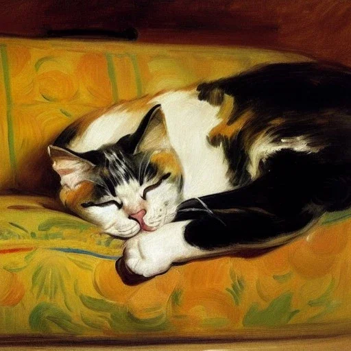 oil portrait of tricolor pattern Cat sleeping in a sofa by Joaquín Sorolla 8k