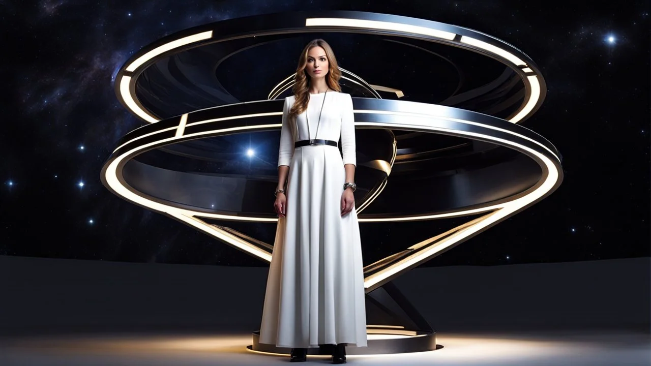 picture of a very huge real working physic based gyroscope with mirror surfaces in a inter star environment ,a very pretty lady with modern future clothing boots standing in main turning disk of gyroscope.1x1