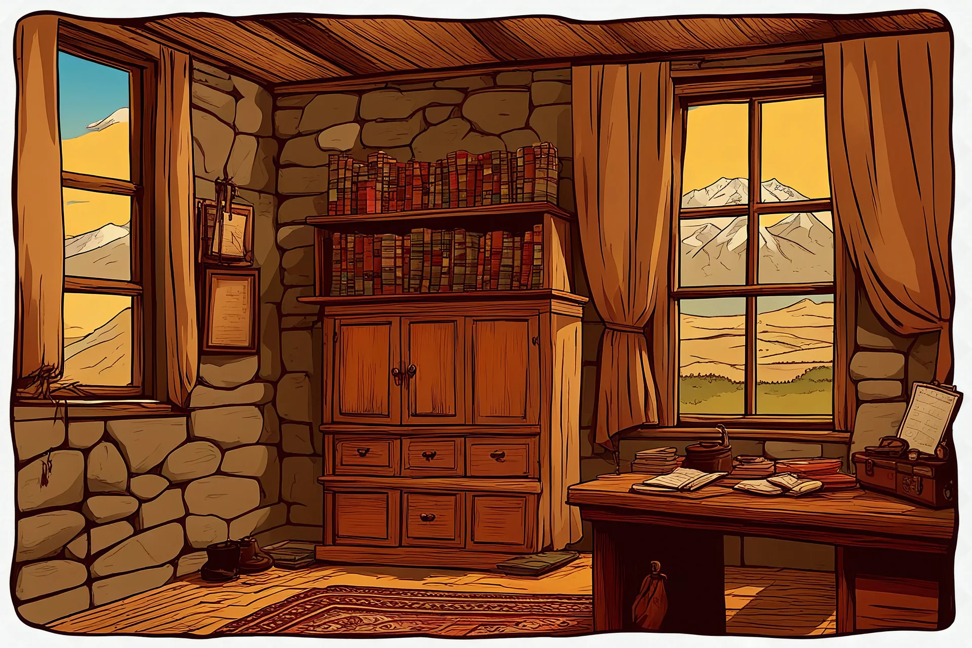 office, Rural stone building, village house, old room, Letters, ledge, Clove necklace, Wood stove, office, stone house, Hand-embroidered curtains, digital painting, Home, Room, Mountain, senators, Kurdish people, village, vector, illustration, Kurdistan, politics, old geometric patterns, Asia, 1900 AD, history, old,COLORS, cartoon